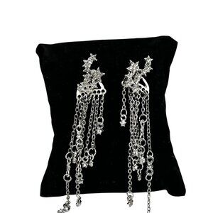 Cubic Zirconia Star Tassel Dangle‎ Drop Earrings Silver-Tone Long Chain Design